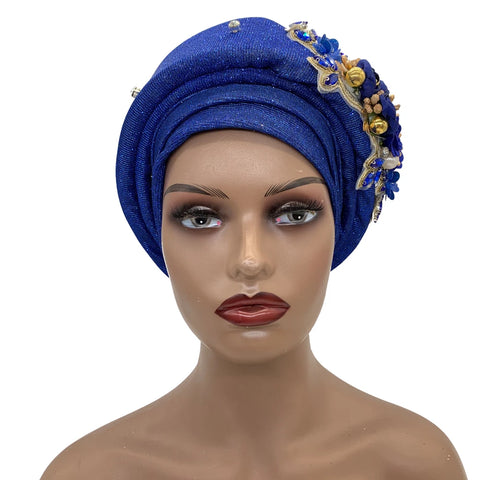 Image of Exquisite Bouquet Headtie Traditional Marriage Wedding Auto Gele Bonnet Head Wraps-FrenzyAfricanFashion.com