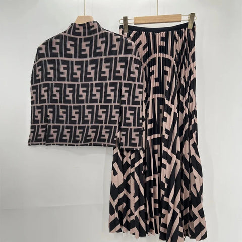 Image of women Pleated long skirt 2-Piece sets fashion 2025 Gradient skirts Elastic Waist Long sleeve top suit Party plus size clothing-FrenzyAfricanFashion.com