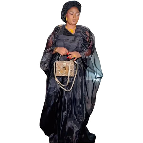 Image of African Attire For Women Black Abaya Embroidery Plus Size Elegant Party Church Dress With Scarf-FrenzyAfricanFashion.com
