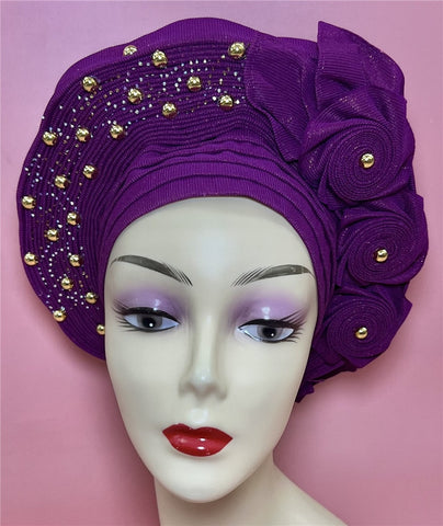 Image of African headtie nigerian gele headties with beads and stones women head wrap sewing fabric for party 1set-FrenzyAfricanFashion.com