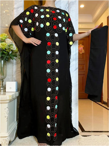 Image of Women Abaya African Embroidery Flower Dress With Scarf-FrenzyAfricanFashion.com