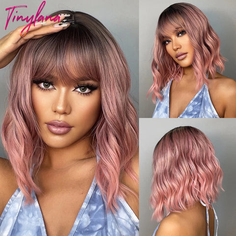 Image of Light Pink Short Wavy Synthetic Hair Wigs with Bangs Cosplay Natural Shoulder Length Bob Wig For Women Afro Heat Resistant Fiber-FrenzyAfricanFashion.com