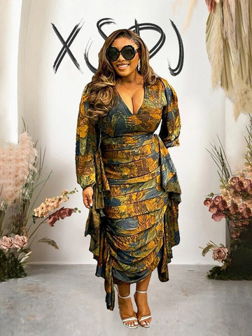 Image of Womens Dresses Long Sleeved Ruffle Drape Dress V Neck Sexy Curvy Dresses Plus-FrenzyAfricanFashion.com