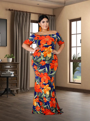 Image of Plus Size Short Sleeved Floral Women Robe Soirée Femme-FrenzyAfricanFashion.com