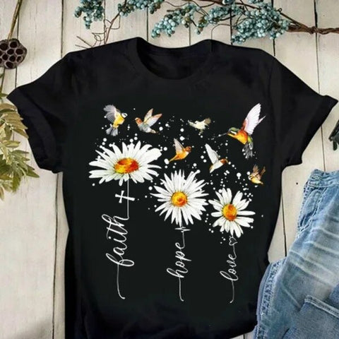 Image of Faith Hope Love Daisy Print T Shirt Women Short Sleeve O Neck Loose-FrenzyAfricanFashion.com