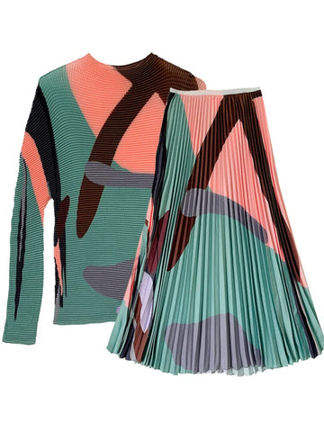 Image of Women Dress 2 Pieces Sets Long Sleeves Pleated Top With Elastic Skirts-FrenzyAfricanFashion.com