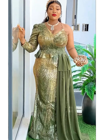 Image of Gold Sequin Long Women Party Dress Outfits One Hand Long sleeve-FrenzyAfricanFashion.com