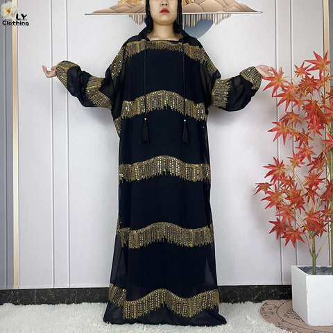 Image of 2024 Muslim Abayas For Women Prayer Garment Ramadan Chiffon Sequin Loose Long Sleeved Boubou Maxi Islam Femme Robe With Hooded-FrenzyAfricanFashion.com