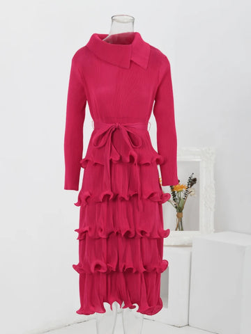 Image of Ruffles Pleated Dress Women Lapel Elegant Dresses With Belt-FrenzyAfricanFashion.com