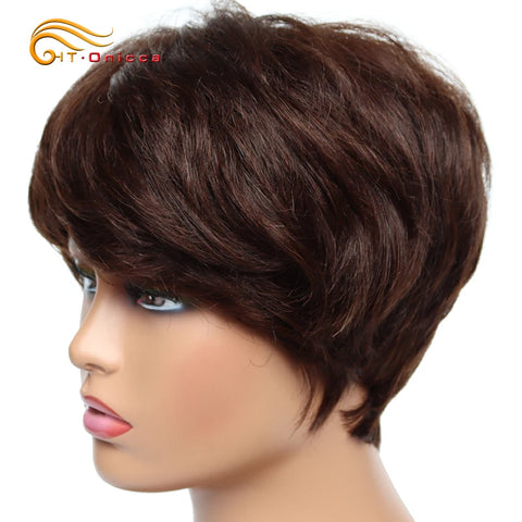 Image of Cheap Human Hair Wigs Short Bob Pixie Cut Wig Human Hair For Women perruque cheveux humain Brazilian Hair Colored Wig With Bangs-FrenzyAfricanFashion.com