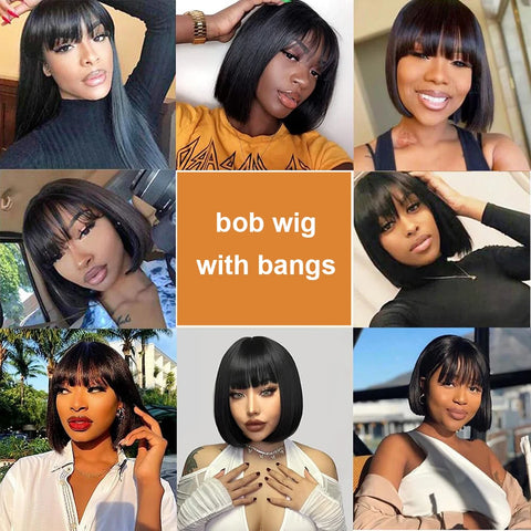 Image of Straight Human Hair Wigs With Bangs Short Bob For Women-FrenzyAfricanFashion.com