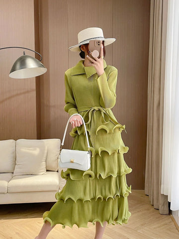 Image of Ruffles Pleated Dress Women Lapel Elegant Dresses With Belt-FrenzyAfricanFashion.com