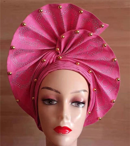 Image of African headtie nigerian gele headties with beads and stones women head wrap sewing fabric for party 1set-FrenzyAfricanFashion.com