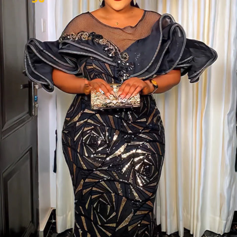 Image of 2023 Spring Summer Elegant African Women Short Sleeve Sequined Wedding Party Long Dress Africna Dresses for Women Maxi Dress-FrenzyAfricanFashion.com