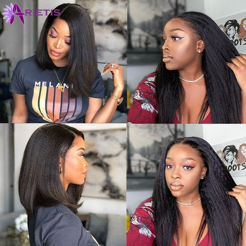 Image of Kinky Straight Wig Transparent Lace Frontal Wig Curly Human Hair Wigs Lace Frontal Pre Plucked Glueless Closure Wig Remy Hair-FrenzyAfricanFashion.com