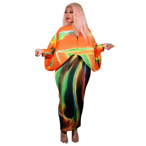 Image of Women Pleated Batwing Long Sleeve V-neck Slim Maxi Long Dress Ruched Dresses-FrenzyAfricanFashion.com