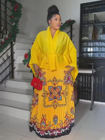 Image of Pleated Fashion 2 Piece Set Women Belt Batwing Sleeves Tops Print A-line Folds Long Dresses-FrenzyAfricanFashion.com