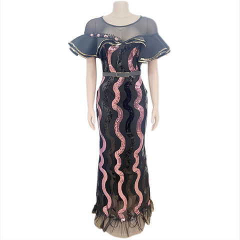 Image of African Wedding Party Dresses for Women Spring Autumn African Women Sequined Short Sleeve Long Dress Dashiki African Dresses-FrenzyAfricanFashion.com