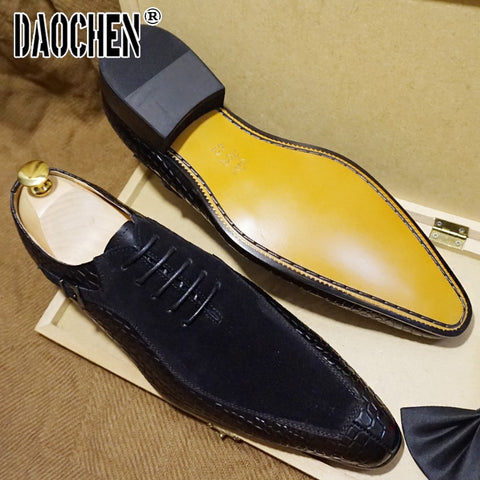 Image of Luxury Men Oxford Shoes Lace up Split Toe Coffee Black Formal Men Dress Shoes Suede Patchwork Crocodile prints Leather Shoes Men-FrenzyAfricanFashion.com