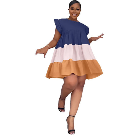 Image of plus size Round Neck Ruffled Sleeve Contrast Panel Swing Loose Women's Dress-FrenzyAfricanFashion.com