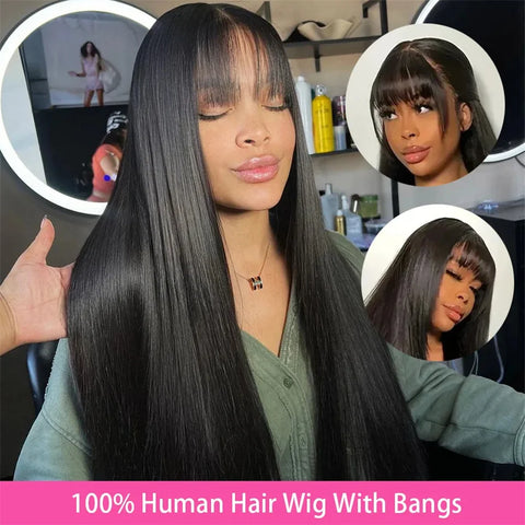 Image of Silky Wig Human Hair Full Machine Made Straight 100% Human Hair Wigs With Bangs For Women Brazilian Cheap Wig On Sale Clearance-FrenzyAfricanFashion.com