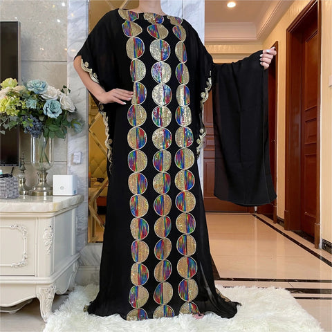 Image of Women Abaya African Embroidery Flower Dress With Scarf-FrenzyAfricanFashion.com
