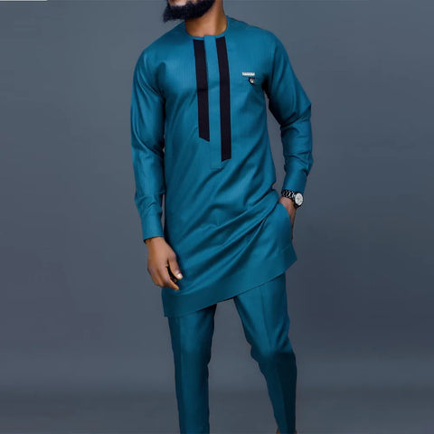 Image of Men's Elegant Long Sleeve Suit Shirt Pants 2-piece Solid Color Party Long Sleeve African Ethnic Style-FrenzyAfricanFashion.com