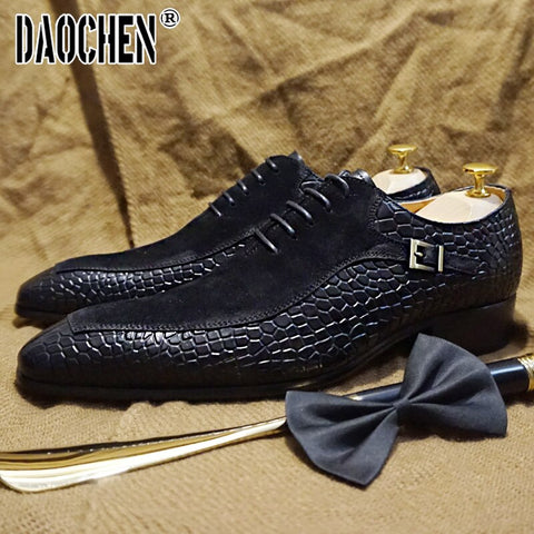 Image of Luxury Men Oxford Shoes Lace up Split Toe Coffee Black Formal Men Dress Shoes Suede Patchwork Crocodile prints Leather Shoes Men-FrenzyAfricanFashion.com