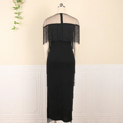 Image of 2024 Women Fringe Party Dresses Elegant Net Shoulder Sleeveless Large Size Long Dress for Birthday Dinner Event Wedding Guest-FrenzyAfricanFashion.com