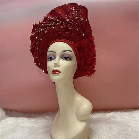 Image of African Nigerian gel headgear with stone bead already made auto turban afro aso ebi gel aso oke wide br im headgear 9L032801-FrenzyAfricanFashion.com
