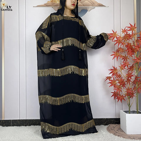 Image of 2024 Muslim Abayas For Women Prayer Garment Ramadan Chiffon Sequin Loose Long Sleeved Boubou Maxi Islam Femme Robe With Hooded-FrenzyAfricanFashion.com