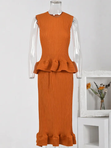 Image of LANMREM Summer Pleated 2 Pieces Set For Women Round Neck Sleeveless Thin Tops High Elastic Waist Skirts Casual 2023 New 32D281-FrenzyAfricanFashion.com