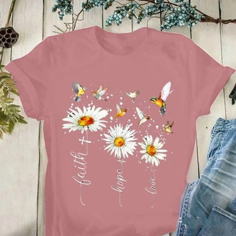 Image of Faith Hope Love Daisy Print T Shirt Women Short Sleeve O Neck Loose-FrenzyAfricanFashion.com
