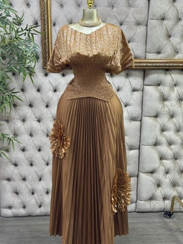 Image of Wedding Guest Luxury Pleated 2 Pieces Set Women Short Batwing Half Sleeved Irregular Hem Top + 3D Flowers A-line Skirt-FrenzyAfricanFashion.com