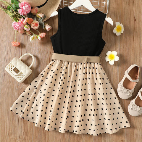 Image of PatPat 2pcs Girl Dresses Kids Clothes Girl Polka Dots Ribbed Girls Splice Sleeveless Dress & Belt-FrenzyAfricanFashion.com