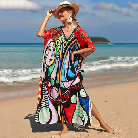 Image of Kaftan Dresses Women Bohemian Maxi Tie Dye Rayon Summer Holiday Bathing Suits-FrenzyAfricanFashion.com
