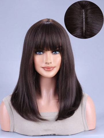 Image of Black Brown Synthetic Wig with Bangs Middle Long Straight Curly Wigs for Women Cosplay Daily Party Heat Resistant Fiber Hair-FrenzyAfricanFashion.com