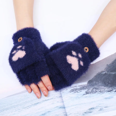 Image of Fashion Women Plush Warm Glove Fur Rabbit Cat Mittens Flip Fingerless Gloves Soft Girls Thick Gloves Flexible Half Finger Winter-FrenzyAfricanFashion.com