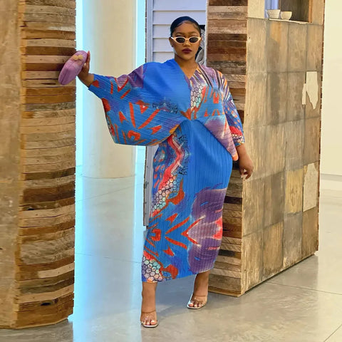 Image of Women Pleated Batwing Long Sleeve V-neck Slim Maxi Long Dress Ruched Dresses-FrenzyAfricanFashion.com