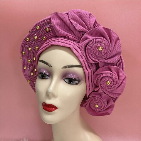 Image of African headtie nigerian gele headties with beads and stones women head wrap sewing fabric for party 1set-FrenzyAfricanFashion.com