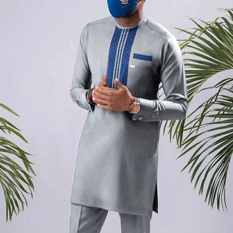Image of Men's Elegant Long Sleeve Suit Shirt Pants 2-piece Solid Color Party Long Sleeve African Ethnic Style-FrenzyAfricanFashion.com