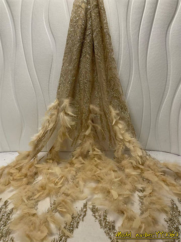 Image of Feather Fluffy Lace Fabric Luxury Pearl Fabric French For Wedding Bride Party-FrenzyAfricanFashion.com