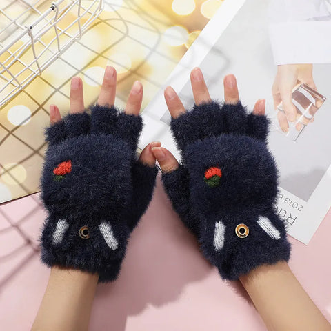 Image of Fashion Women Plush Warm Glove Fur Rabbit Cat Mittens Flip Fingerless Gloves Soft Girls Thick Gloves Flexible Half Finger Winter-FrenzyAfricanFashion.com