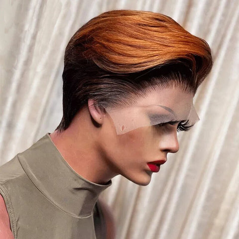 Image of Straight Bob Pixie Cut Wig Remy 4x4 Lace Closure Wig Pre Plucked 13x4x1 Lace Front Wig Brown Ombre Human Hair Wigs for Women-FrenzyAfricanFashion.com