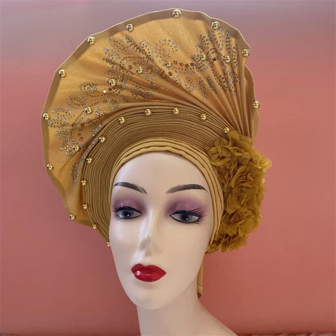 Image of African Nigerian gel headgear with stone bead already made auto turban afro aso ebi gel aso oke wide br im headgear 9L032801-FrenzyAfricanFashion.com