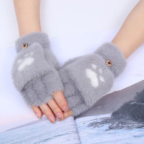 Image of Fashion Women Plush Warm Glove Fur Rabbit Cat Mittens Flip Fingerless Gloves Soft Girls Thick Gloves Flexible Half Finger Winter-FrenzyAfricanFashion.com