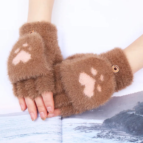 Image of Fashion Women Plush Warm Glove Fur Rabbit Cat Mittens Flip Fingerless Gloves Soft Girls Thick Gloves Flexible Half Finger Winter-FrenzyAfricanFashion.com