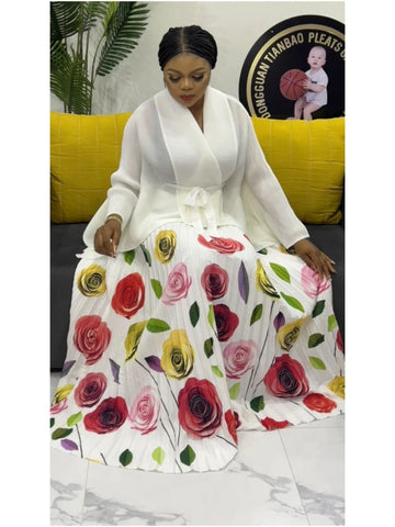 Image of Elegant Party 2 Piece Set Women Belt Batwing Sleeves Tops A-line Print Folds Long Skirt-FrenzyAfricanFashion.com