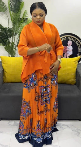 Image of Pleated Fashion 2 Piece Set Women Belt Batwing Sleeves Tops Print A-line Folds Long Dresses-FrenzyAfricanFashion.com