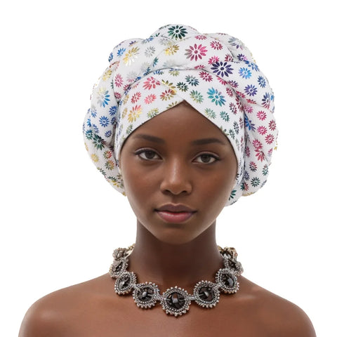 Image of Flower Bronzing African Braid Turban Caps Shining Women's Head Wraps Nigeria Wedding Geles Party Headgear Auto Gele Headtie-FrenzyAfricanFashion.com